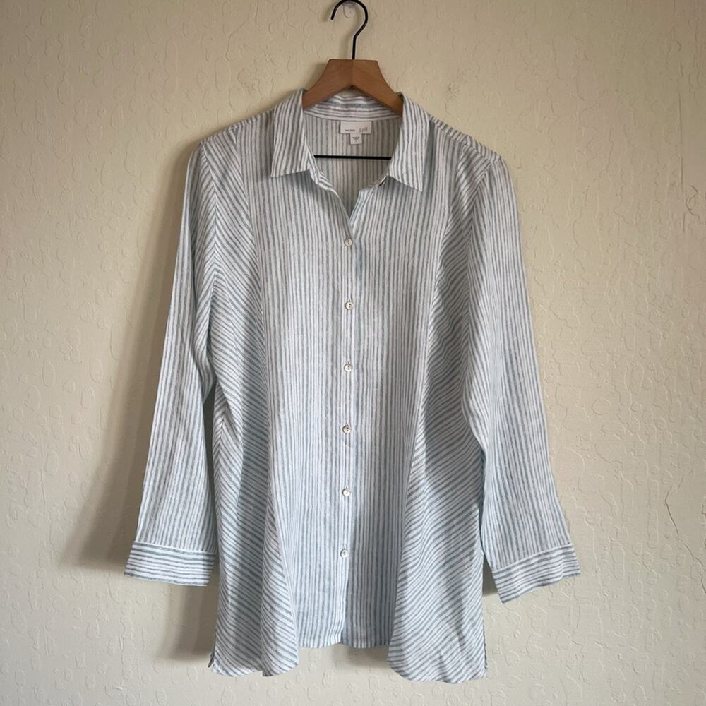 J Jill Love Linen Striped Long Sleeve Button Up Tunic Top Shirt Large White Boho